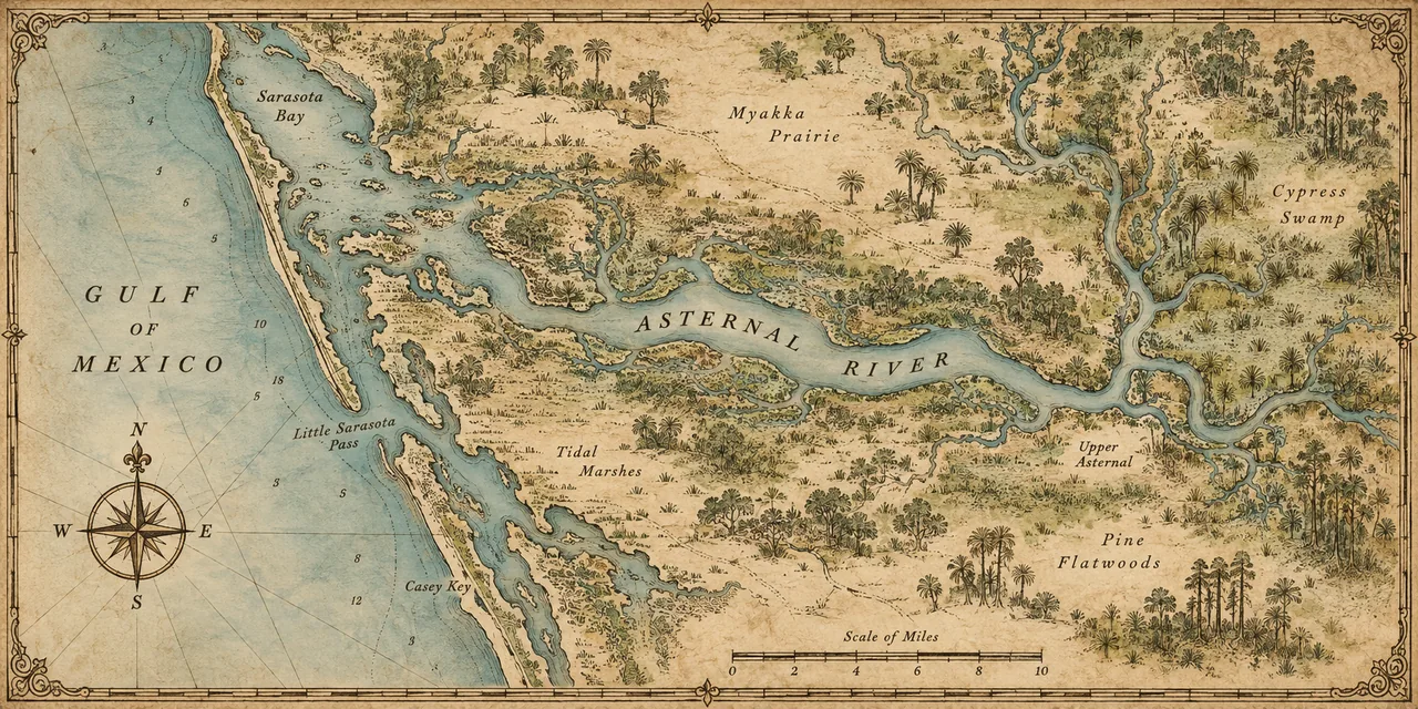 Illustrated antique-style map of the waterways and landscape around the Myakka River