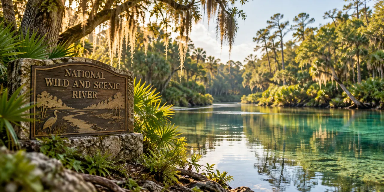 Illustrated riverbank scene with a wooden Wild and Scenic River sign