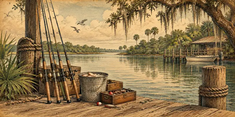 Illustration of fishing rods ready beside a wooden riverside dock