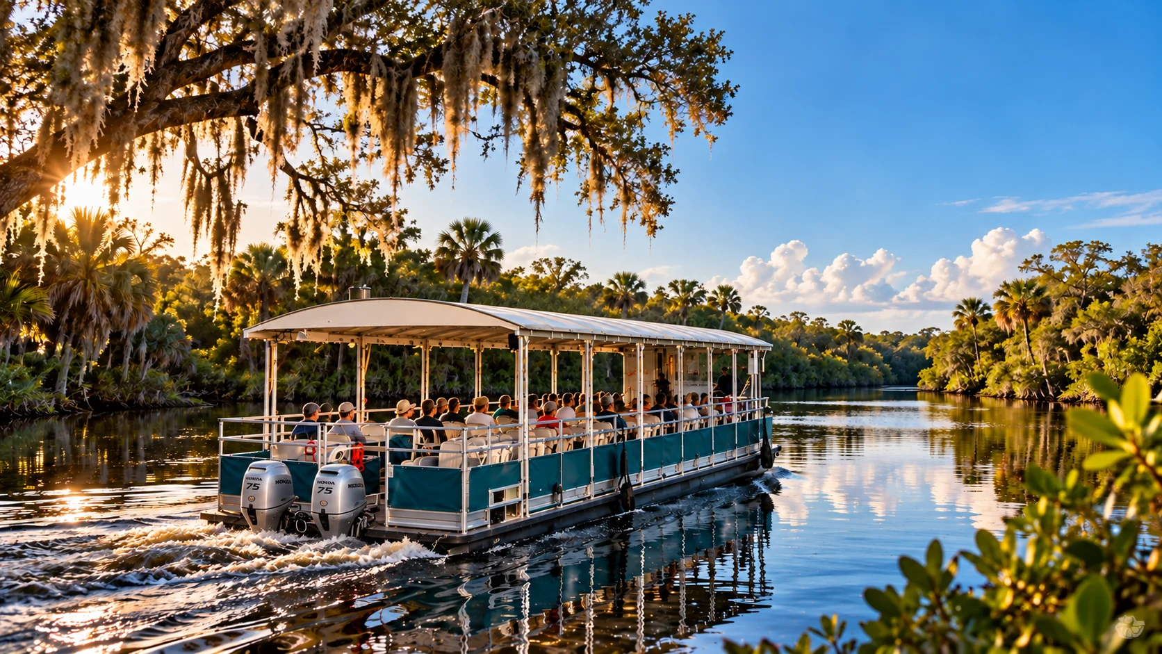 Illustration of a long, covered pontoon tour boat cruising through a tree-lined Florida river